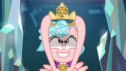 Size: 1280x720 | Tagged: safe, screencap, cozy glow, pegasus, pony, g4, school raze, cozy glow is best facemaker, crazy glow, crown, evil, evil grin, female, filly, grin, insanity, jewelry, pure concentrated unfiltered evil of the utmost potency, regalia, smiling, solo, tape