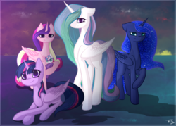 Size: 7000x5000 | Tagged: safe, artist:those kids in the corner, princess cadance, princess celestia, princess flurry heart, princess luna, twilight sparkle, alicorn, pony, g4, absurd resolution, alicorn pentarchy, foal, guilty, looking at you, missing accessory, sad, sky, twilight sparkle (alicorn)