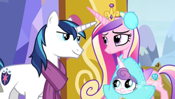 Size: 1920x1080 | Tagged: safe, screencap, princess cadance, princess flurry heart, shining armor, alicorn, pony, g4, my little pony best gift ever, clothes, discovery family logo, earmuffs, eye contact, family, father and daughter, female, foal, husband and wife, looking at each other, male, mare, married couple, mother and daughter, scarf, snowsuit, stallion, star flurry heart, trio, twilight's castle, understanding, winter outfit