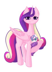 Size: 2361x3239 | Tagged: safe, artist:those kids in the corner, princess cadance, princess flurry heart, alicorn, pony, g4, blanket, female, foal, high res, looking at you, mare, sad, simple background, standing, transparent background
