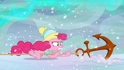 Size: 1920x1080 | Tagged: safe, screencap, pinkie pie, earth pony, pony, g4, my little pony best gift ever, anchor, aurora borealis, blizzard, cartoon physics, climbing, discovery family logo, female, gritted teeth, hammerspace, hat, mare, rope, snow, snowfall, solo