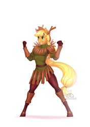 Size: 1125x1592 | Tagged: safe, artist:ladychimaera, applejack, earth pony, anthro, unguligrade anthro, g4, clothes, costume, dress, female, halloween, holiday, mare, simple background, smiling, solo, timber wolf costume, white background