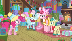 Size: 1920x1080 | Tagged: safe, screencap, alice the reindeer, aurora the reindeer, bori the reindeer, pinkie pie, deer, earth pony, pony, reindeer, g4, my little pony best gift ever, apron, bell, bow, clothes, cloven hooves, colored hooves, deer magic, discovery family logo, doe, female, glowing antlers, grove of the gift givers, hat, levitation, magic, magic aura, mare, present, raised hoof, scarf, shawl, telekinesis, the gift givers, winter outfit