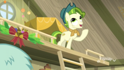 Size: 1280x720 | Tagged: safe, screencap, pistachio, earth pony, pony, g4, my little pony best gift ever, acorn, cowboy hat, cute, discovery family logo, hat, ladder, loft, looking up, male, neckerchief, raised hoof, solo focus, stallion, teenager