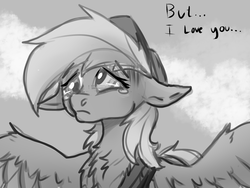 Size: 1600x1200 | Tagged: safe, artist:brainiac, derpibooru exclusive, derpy hooves, pegasus, pony, g4, black and white, brainiacs sketchbook (set), chest fluff, clothes, crying, female, floppy ears, grayscale, mare, monochrome, sad, sketch, solo, tears of pain, text