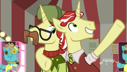 Size: 1920x1080 | Tagged: safe, screencap, flam, flim, holly the hearths warmer doll, pony, unicorn, g4, my little pony best gift ever, brothers, christmas sweater, clothes, disguise, duo, fake moustache, flim flam brothers, glasses, hat, hug, male, necktie, shirt, stallion, sweater, tent, winter outfit