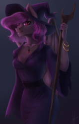 Size: 1274x2000 | Tagged: safe, artist:zefirayn, oc, oc only, oc:desire, bat pony, anthro, anthro oc, bat pony oc, bat wings, breasts, cleavage, clothes, commission, digital art, dress, female, halloween, hat, holiday, jewelry, mare, necklace, pink hair, pink mane, pink tail, red eyes, ring, simple background, smiling, solo, staff, wings, witch costume, witch hat, ych result