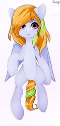 Size: 896x1888 | Tagged: safe, artist:bestiary, oc, oc only, pegasus, pony, bed, body pillow, body pillow design, commission, female, frown, hair over one eye, looking at you, mare, signature, solo, ych result