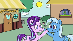 Size: 1366x768 | Tagged: safe, artist:raulixevergreen, starlight glimmer, trixie, pony, unicorn, g4, best ship, boop, cute, day, drawing, duo, female, heart, lesbian, love, mutual booping, ponyville, ship:startrix, shipping