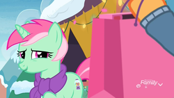 Size: 1920x1080 | Tagged: safe, screencap, applejack, minty bubblegum, earth pony, pony, unicorn, best gift ever, g4, awkward, background pony, christmas, christmas lights, clothes, discovery family logo, female, gift bag, holiday, mare, nervous, nervous laugh, scarf, shopping bag, snow, tent, uncomfortable, winter outfit