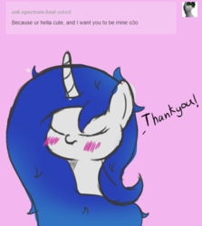 Size: 528x592 | Tagged: safe, artist:steamyart, oc, oc only, oc:phenioxflame, pony, unicorn, :t, ask, blushing, curved horn, cute, dialogue, female, frown, horn, lip bite, mare, messy mane, o3o, scrunchy face, solo, tumblr