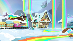 Size: 1920x1080 | Tagged: safe, screencap, buddy, fleetfoot, pegasus, pony, g4, my little pony best gift ever, discovery family logo, female, friendship express, liquid rainbow, male, mare, rainbow falls (location), rainbow waterfall, snow, stallion, train station