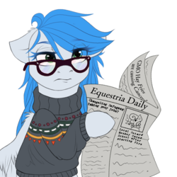 Size: 1350x1350 | Tagged: safe, artist:djm30wm1x, oc, oc only, oc:stormpone, pegasus, pony, equestria daily, clothes, female, glasses, mare, messy mane, newspaper, no country for old men, simple background, solo, sweater, tired, transparent background