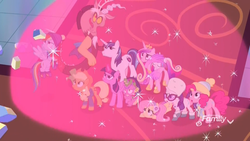 Size: 1920x1080 | Tagged: safe, screencap, applejack, discord, fluttershy, pinkie pie, princess cadance, princess flurry heart, rainbow dash, rarity, shining armor, spike, twilight sparkle, alicorn, draconequus, dragon, earth pony, pegasus, pony, unicorn, best gift ever, g4, angry, boots, clothes, discovery family logo, earmuffs, father and daughter, female, flying, force field, glowing horn, hat, hoof shoes, horn, husband and wife, jacket, magic bubble, male, mane seven, mane six, married couple, mittens, mother and daughter, scared, scarf, shoes, twilight sparkle (alicorn), wing hands, winged spike, wings, winter outfit