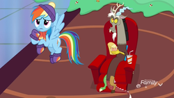 Size: 1920x1080 | Tagged: safe, screencap, discord, rainbow dash, draconequus, pegasus, pony, best gift ever, g4, armchair, chair, clothes, discovery family logo, duo, female, flying, food, hat, male, mare, mittens, popcorn, pudding, puddinghead's pudding, recliner, scarf, soda, winter outfit