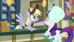 Size: 600x338 | Tagged: safe, screencap, derpy hooves, rarity, pegasus, pony, unicorn, g4, my little pony best gift ever, animated, boop, butt, clothes, cute, duo, female, gif, hat, mailmare, mailmare hat, mare, plot, post office, winter outfit