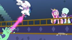 Size: 1920x1080 | Tagged: safe, screencap, princess cadance, princess flurry heart, rarity, shining armor, alicorn, pony, unicorn, best gift ever, g4, badass, blast, clothes, discovery family logo, female, filly, foal, food, glowing horn, hoof shoes, horn, magic, magic blast, male, mare, pudding, puddinghead's pudding, shocked, somersault, stallion, surprised, tongue out, twilight's castle, winter outfit