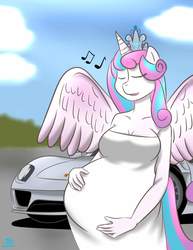 Size: 3160x4096 | Tagged: safe, artist:saharat ounaim, princess flurry heart, alicorn, anthro, g4, adult, belly, big belly, calm, car, clothes, cute, dress, eyes closed, flurrybetes, humming, mama flurry, multiple pregnancy, music notes, older, older flurry heart, porsche, porsche 918, pregnant, pretty, relaxed, signature, vehicle