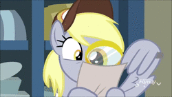 Size: 1280x720 | Tagged: safe, screencap, derpy hooves, pegasus, pony, best gift ever, g4, animated, cute, derpabetes, facewing, female, laughing, magnifying glass, mare, oops my bad, post office, solo, sound, webm, wing hands