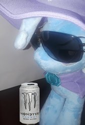 Size: 1386x2048 | Tagged: safe, edit, trixie, g4, 30 year old boomer, boomer, female, irl, meme, monster energy, photo, plushie, trixie plushie