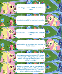 Size: 1280x1516 | Tagged: safe, gameloft, apple bloom, fluttershy, bat pony, g4, night of the living apples, bat ponified, dialogue, duality, flutterbat, inner monologue, monologue, race swap, self ponidox