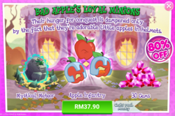 Size: 1036x688 | Tagged: safe, gameloft, oc, oc:appul, living apple, g4, my little pony: magic princess, night of the living apples, spoiler:comic, spoiler:comic32, spoiler:comic33, advertisement, apple, costs real money, food, gem, helmet, infantry, introduction card, meteor, sale