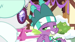 Size: 1136x640 | Tagged: safe, screencap, rarity, spike, g4, my little pony best gift ever, blushing, clothes, hands together, hat, implied straight, meme, scarf, shipping fuel, smiling, snow, striped scarf, sunglasses, winter outfit