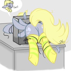 Size: 2000x2000 | Tagged: safe, artist:jen-neigh, derpy hooves, pony, g4, bubble butt, butt, buttstuck, clothes, female, high res, oops, plot, silly, socks, solo, striped socks, stuck, television, wires