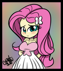 Size: 750x850 | Tagged: safe, artist:comet0ne, fluttershy, equestria girls, g4, abstract background, big breasts, blushing, breasts, busty fluttershy, cleavage, clothes, cute, dress, female, hands behind back, looking at you, shyabetes, smiling, solo