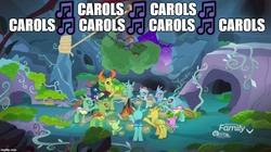 Size: 888x499 | Tagged: safe, edit, edited screencap, screencap, ocellus, pharynx, thorax, changedling, changeling, g4, my little pony best gift ever, caption, caroling, changedling brothers, discovery family logo, fake campfire, female, king thorax, lantern, male, prince pharynx, the true gift of gifting, tree
