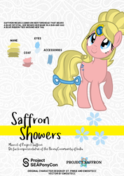 Size: 595x842 | Tagged: safe, oc, oc only, oc:saffron showers, pony, cutie mark, female, india, mare, project saffron, reference sheet, solo