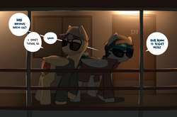 Size: 1280x847 | Tagged: safe, artist:shinodage, oc, oc only, oc:delta vee, oc:jet stream, pegasus, pony, clothes, coat, door, female, glasses, hat, male, mare, motel, open mouth, stallion