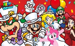 Size: 1800x1092 | Tagged: safe, pinkie pie, g4, anniversary, balloon, bowser, cappy, cappy (mario), celebration, clothes, crossover, crown, dress, hat, jewelry, luigi, male, mario, mario & luigi, mariopie, party hat, pauline, princess peach, red hat, regalia, super mario bros., super mario odyssey, tiara, tiara (mario), wedding dress, wedding suit