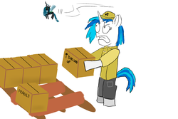 Size: 1500x1000 | Tagged: safe, artist:horsesplease, dj pon-3, queen chrysalis, vinyl scratch, mosquito, g4, annoyed, behaving like an insect, bipedal, box, bugs doing bug things, micro, packing, paint tool sai, pallet, upset, wat