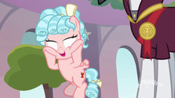 Size: 1920x1080 | Tagged: safe, screencap, chancellor neighsay, cozy glow, pegasus, pony, g4, school raze, belly, cheek squish, female, filly, foal, mid-blink screencap, solo focus, squishy cheeks