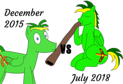 Size: 1024x699 | Tagged: safe, artist:didgereethebrony, oc, oc only, oc:didgeree, pony, didgeridoo, musical instrument, needs more saturation, old vs new, simple background, solo, transparent background