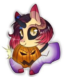Size: 1210x1354 | Tagged: safe, artist:cloud-fly, oc, oc only, oc:lucy, pony, unicorn, black sclera, clothes, female, halloween, holiday, horns, jack-o-lantern, mare, pumpkin, simple background, solo, sweater, transparent background