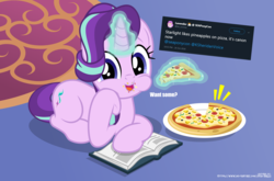 Size: 5659x3738 | Tagged: safe, artist:jhayarr23, starlight glimmer, pony, unicorn, project seaponycon, g4, betrayal, book, chipmunk cheeks, cruel, cute, dialogue, eating, emanata, female, food, glimmerbetes, glowing horn, herbivore, horn, impact font, it begins, kelly sheridan, looking at you, lying down, meme, meme origin, messy eating, meta, monster, moral event horizon, pineapple pizza, pizza, pure unfiltered evil, solo, that pony sure does love pineapple pizza, twitter, vector