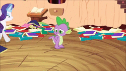 Size: 1280x720 | Tagged: safe, screencap, rarity, spike, twilight sparkle, alicorn, dragon, pony, unicorn, g4, my little pony best gift ever, secret of my excess, animated, blushing, book, cheek kiss, faint, female, floating heart, golden oaks library, heart, kiss mark, kissing, lipstick, male, mare, sound, twilight sparkle (alicorn), webm