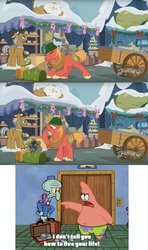 Size: 1242x2092 | Tagged: safe, edited screencap, screencap, big macintosh, igneous rock pie, earth pony, pony, g4, my little pony best gift ever, comic, hat, krusty towers, male, patrick star, rock, screencap comic, spongebob squarepants, squidward tentacles, stallion