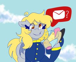 Size: 1280x1052 | Tagged: safe, artist:cubbybatdoodles, derpy hooves, pegasus, pony, g4, envelope, female, mail, mailbag, mailmare, smiling, solo