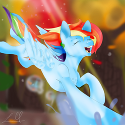 Size: 1024x1024 | Tagged: safe, artist:laurabaggins, artist:laurasscetches, rainbow dash, pegasus, pony, g4, crepuscular rays, cutie mark, eyes closed, female, mare, open mouth, running, solo, splash