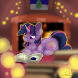 Size: 1024x1024 | Tagged: safe, artist:laurabaggins, artist:laurasscetches, twilight sparkle, pony, unicorn, g4, book, cutie mark, dock, female, fireplace, lights, mare, prone, reading, solo, string lights, unicorn twilight