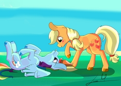 Size: 7000x5000 | Tagged: safe, artist:laurabaggins, artist:laurasscetches, applejack, rainbow dash, earth pony, pegasus, pony, g4, absurd resolution, blushing, cutie mark, female, lesbian, looking at each other, mare, on back, raised hoof, ship:appledash, shipping, tongue out