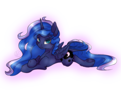 Size: 800x600 | Tagged: safe, artist:laurabaggins, artist:laurasscetches, princess luna, alicorn, pony, g4, art trade, cutie mark, female, frog (hoof), looking at you, mare, missing accessory, prone, sidemouth, simple background, solo, transparent background, underhoof