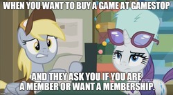 Size: 901x499 | Tagged: safe, edit, edited screencap, screencap, derpy hooves, rarity, pegasus, pony, unicorn, g4, my little pony best gift ever, duo, female, gamestop, glasses, hat, image macro, mailmare hat, mare, meme, post office, text