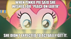 Size: 897x500 | Tagged: safe, edit, edited screencap, screencap, pinkie pie, earth pony, pony, g4, my little pony best gift ever, female, image macro, light, mare, meme, peace on earth, solo, text