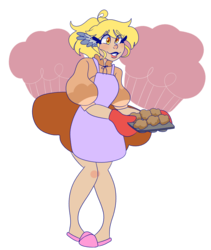 Size: 1280x1514 | Tagged: safe, artist:cubbybatdoodles, derpy hooves, human, g4, apron, clothes, female, food, humanized, muffin, muffin tray, simple background, solo, transparent background, wing ears