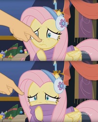 Size: 1485x1839 | Tagged: safe, edit, edited screencap, screencap, fluttershy, pegasus, pony, g4, my little pony best gift ever, boop, boop edit, clothes, earmuffs, female, finger, hand, mare, non-consensual booping, solo, sweater, winter outfit