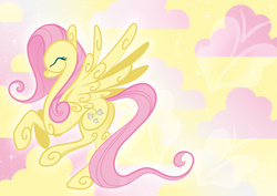 Size: 1024x724 | Tagged: safe, artist:rinsole, fluttershy, pegasus, pony, g4, cutie mark, eyes closed, female, flying, mare, profile, sky, solo, spread wings, stylized, wings